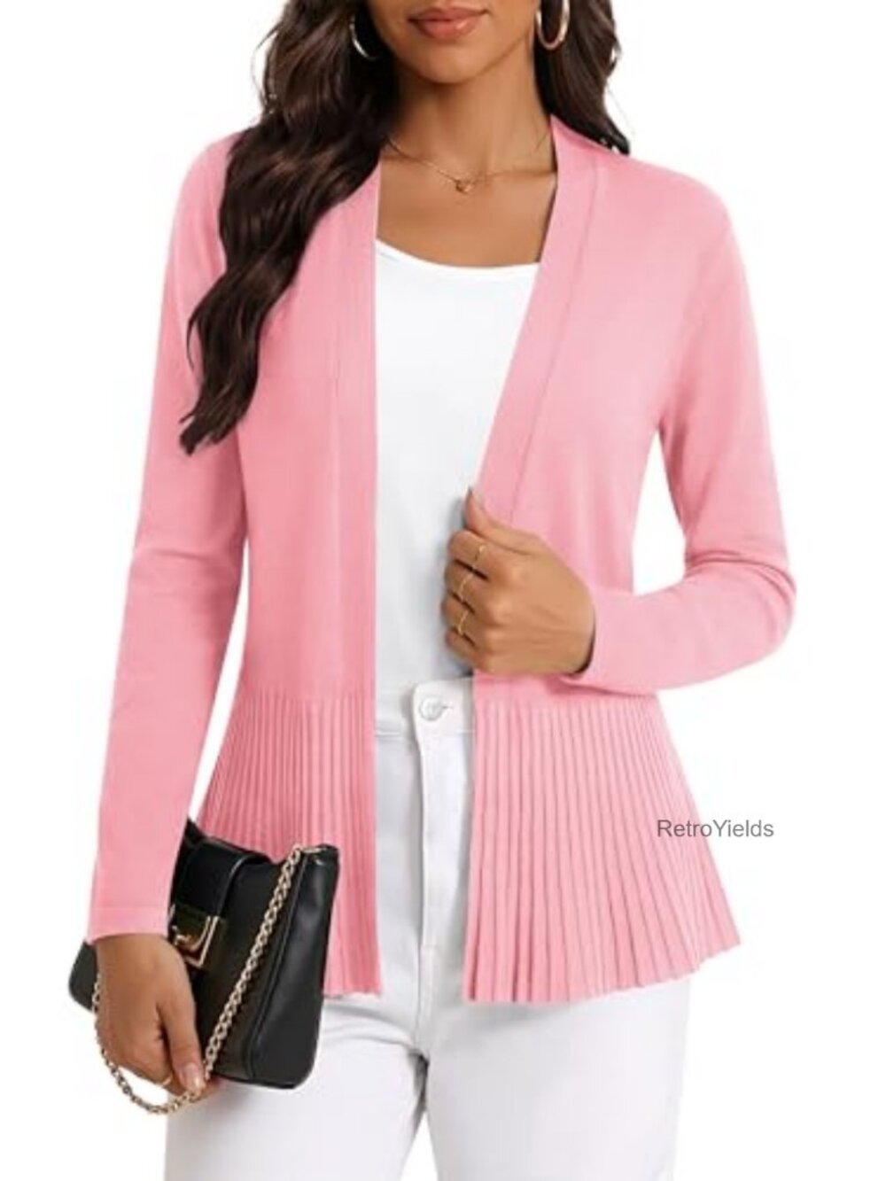 Lightweight Open Front Knit Cardigan Sweater with Pleated Ruffle Hem